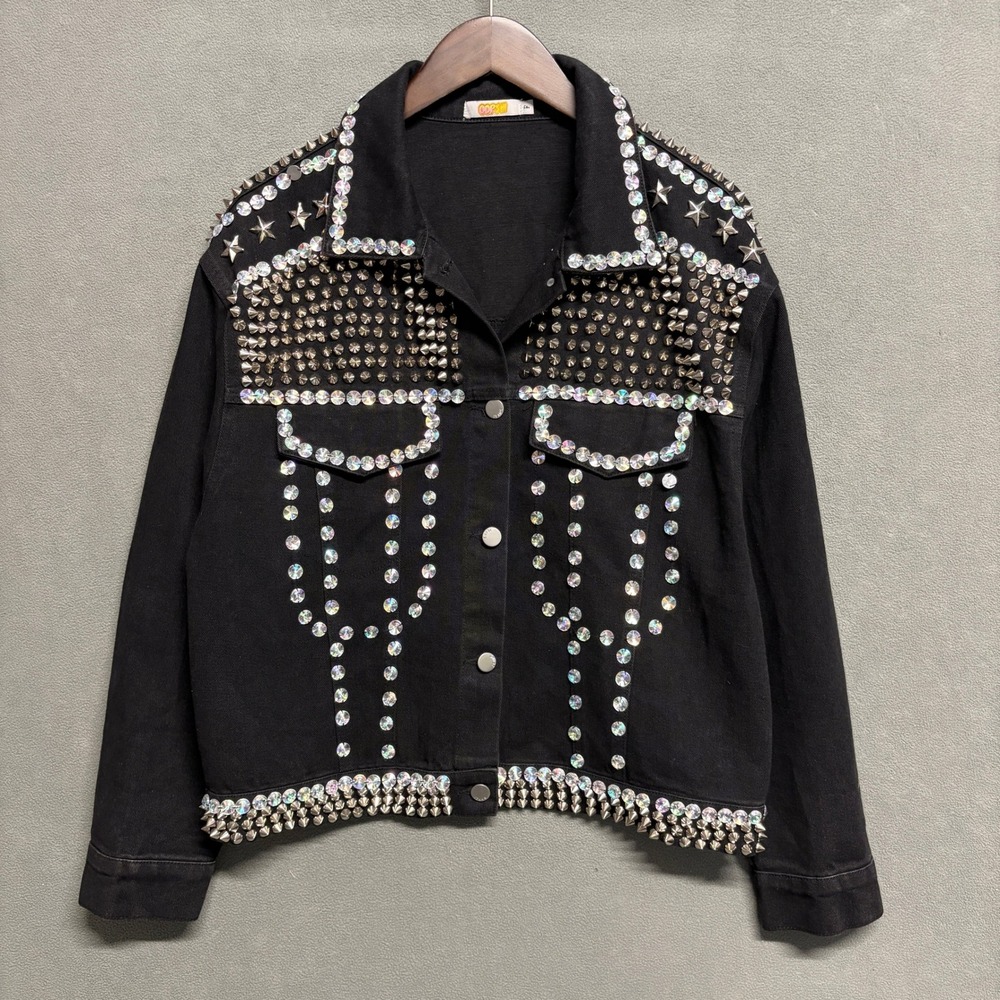 Oops Studded Denim Jacket Women M Black Excellent Rhinestone Star Embellished